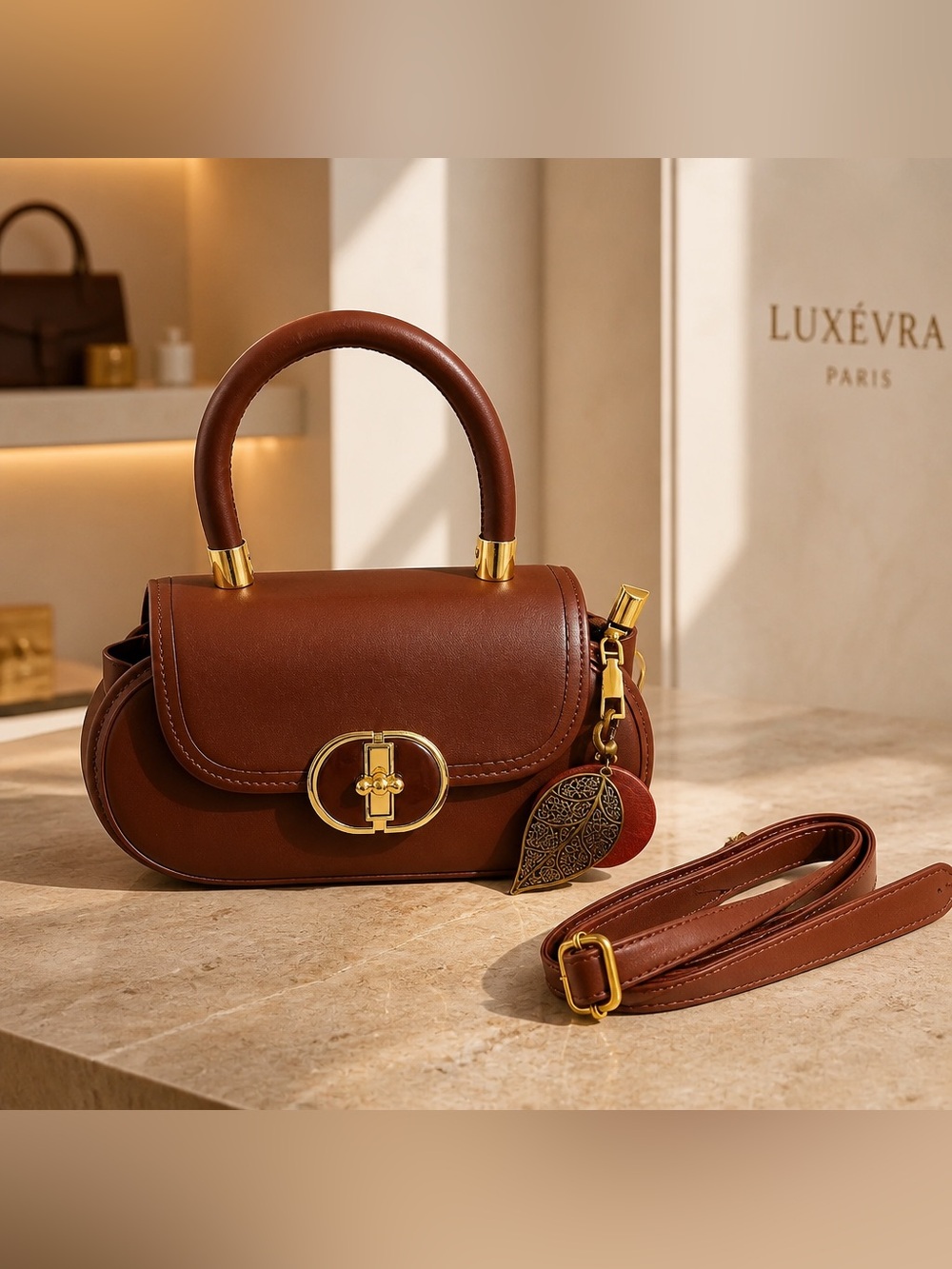 Brown faux Leather Top-Handle Crossbody Bag